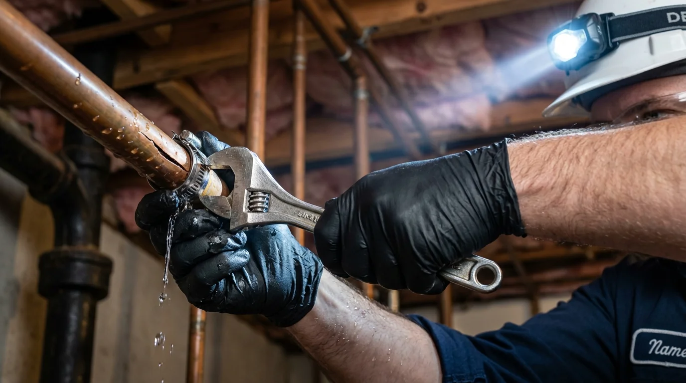 Emergency pipe clamp repair being performed by a Johns Plumbing LLC plumber in Manhattan
