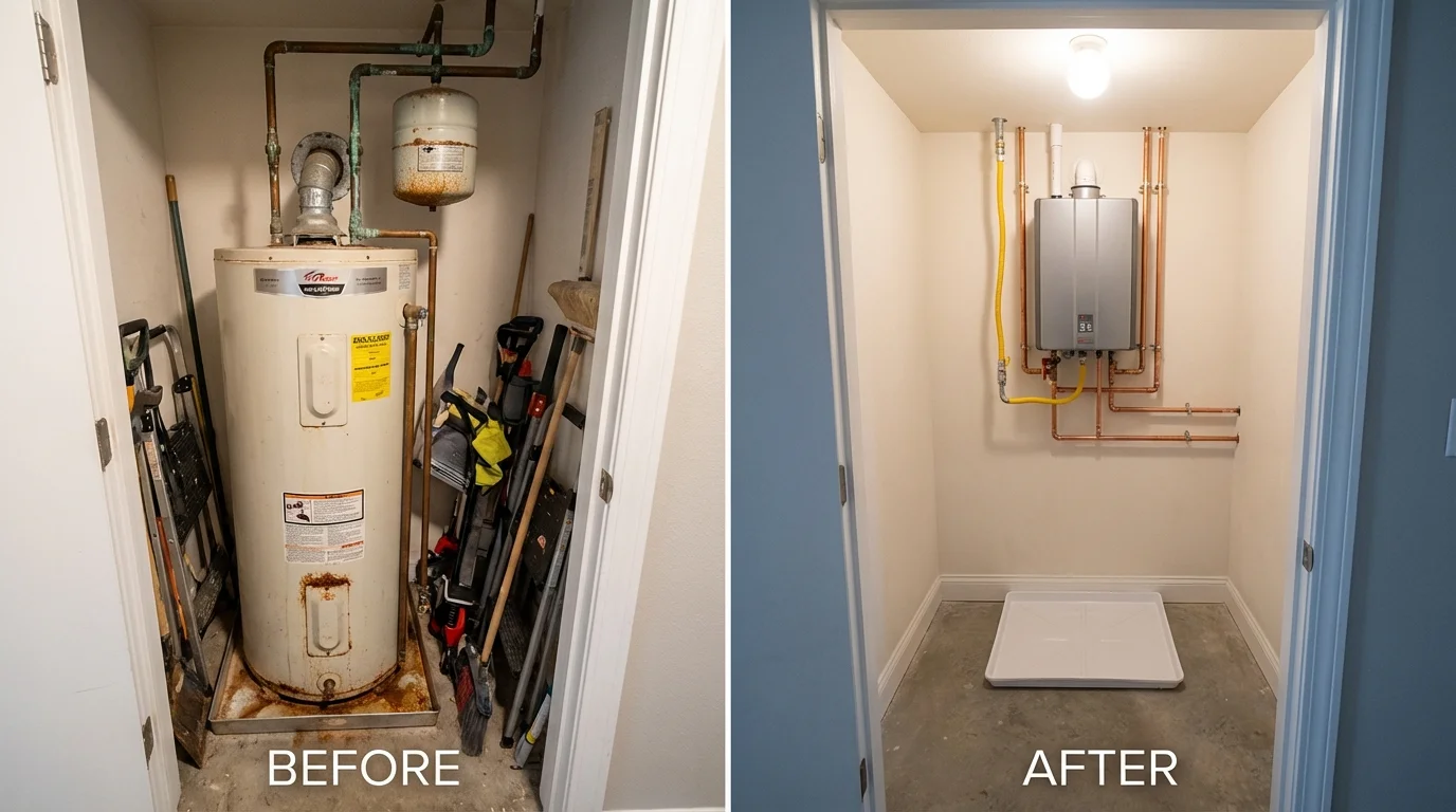 Tank water heater versus wall-mounted tankless unit comparison for Manhattan, KS homeowners