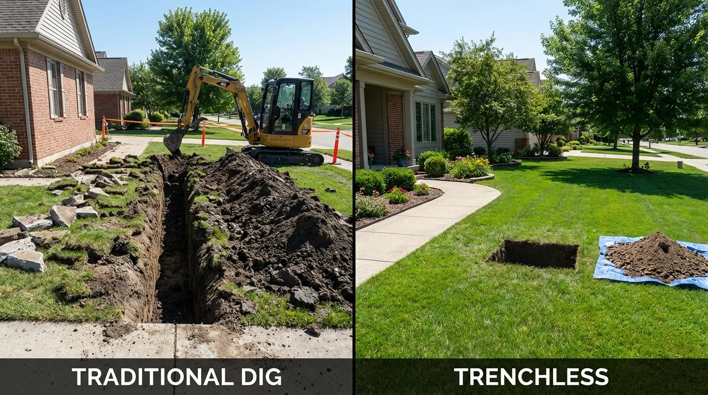 Trenchless sewer repair with minimal yard damage versus traditional excavation in Manhattan, KS