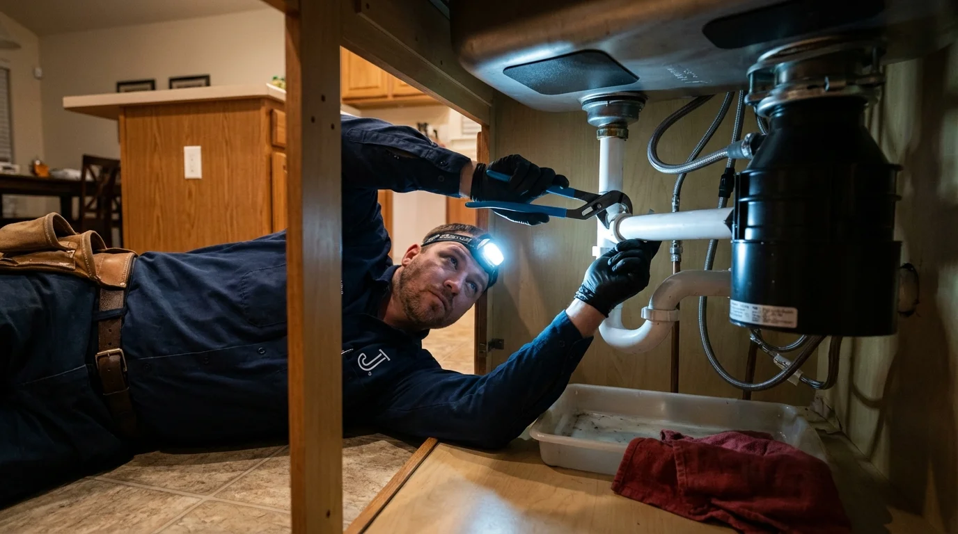 P-trap and supply line connections under a kitchen sink showing a common leak point in Manhattan, KS